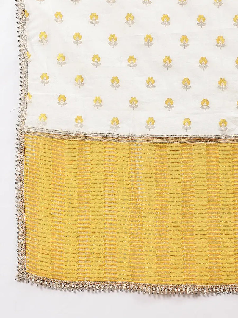 Yellow Nylon Jacquard Kurta Set with White-Gold Dupatta