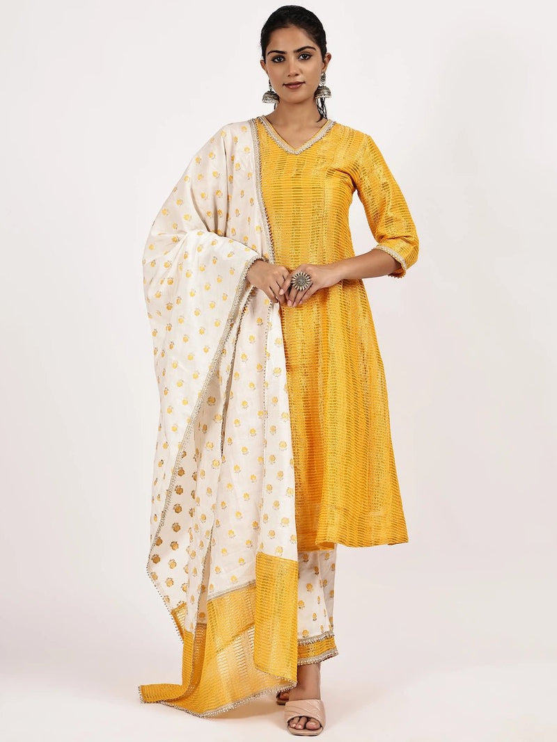 Yellow Nylon Jacquard Kurta Set with White-Gold Dupatta