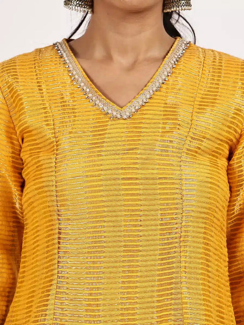 Yellow Nylon Jacquard Kurta Set with White-Gold Dupatta