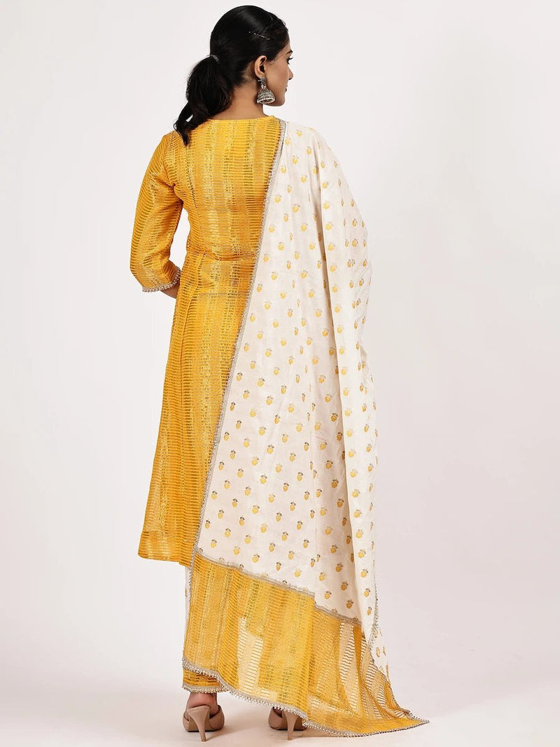 Yellow Nylon Jacquard Kurta Set with White-Gold Dupatta