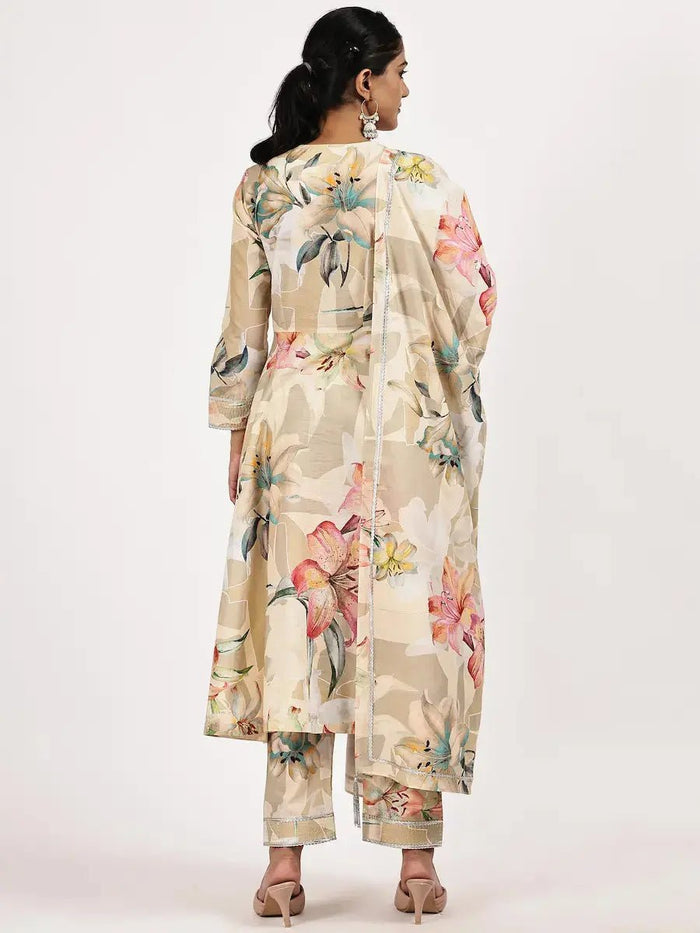 Floral Printed Cambric Cotton Flared Kurta Set with Dupatta
