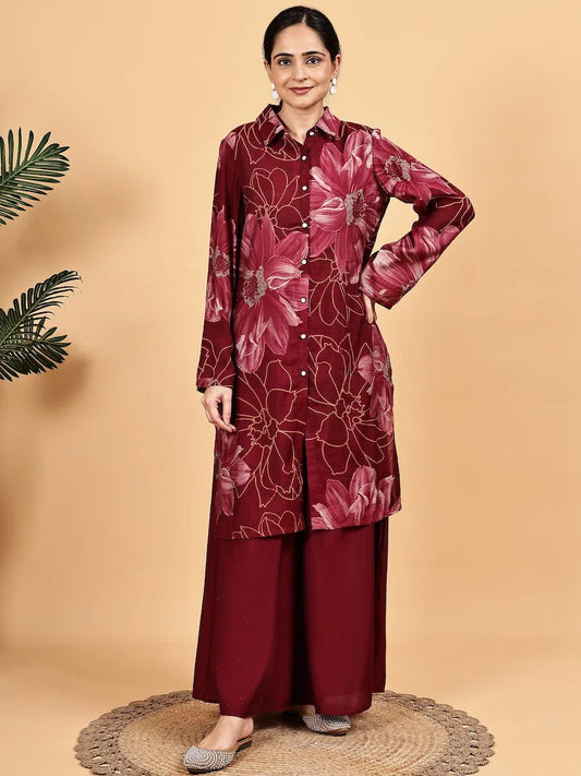 Floral printed wine co ord set product_color Co - ord set