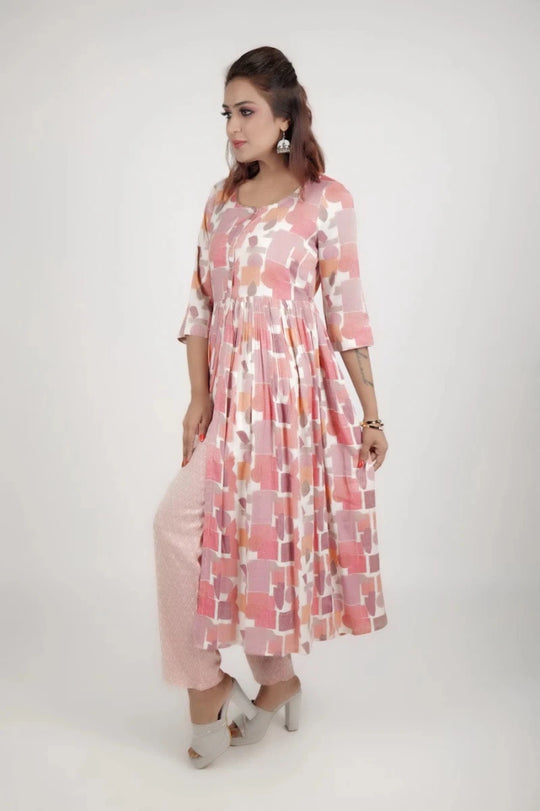 Geometric Abstract Print Anarkali Kurta with Printed Trousers
