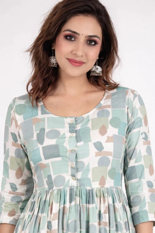 Geometric Abstract Print Gathered Anarkali Kurta with Trousers