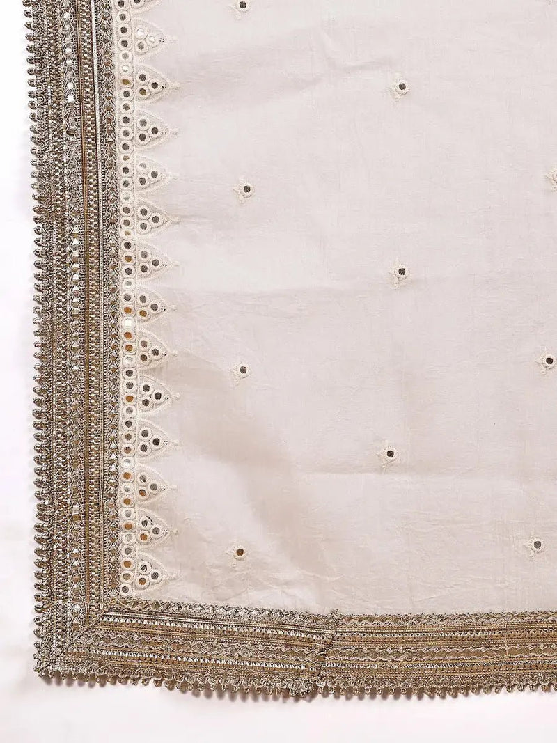 Golden and White Cotton Kurta Set with Mirror Work & Lace Dupatta