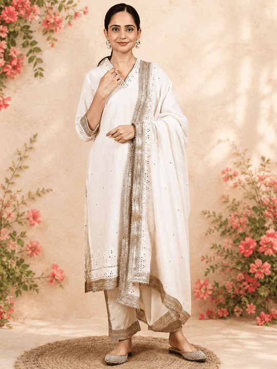 Golden and White Cotton Kurta Set with Mirror Work & Lace Dupatta