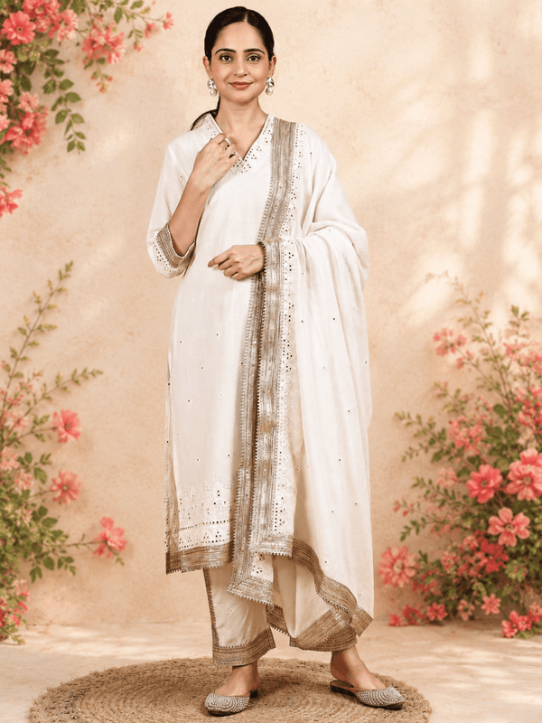 Golden and White Cotton Kurta Set with Mirror Work & Lace Dupatta product_color KURTA SET