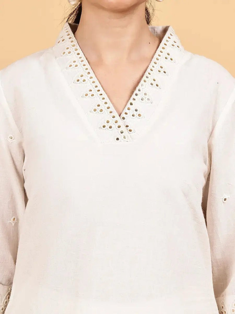 Golden and White Cotton Kurta Set with Mirror Work & Lace Dupatta