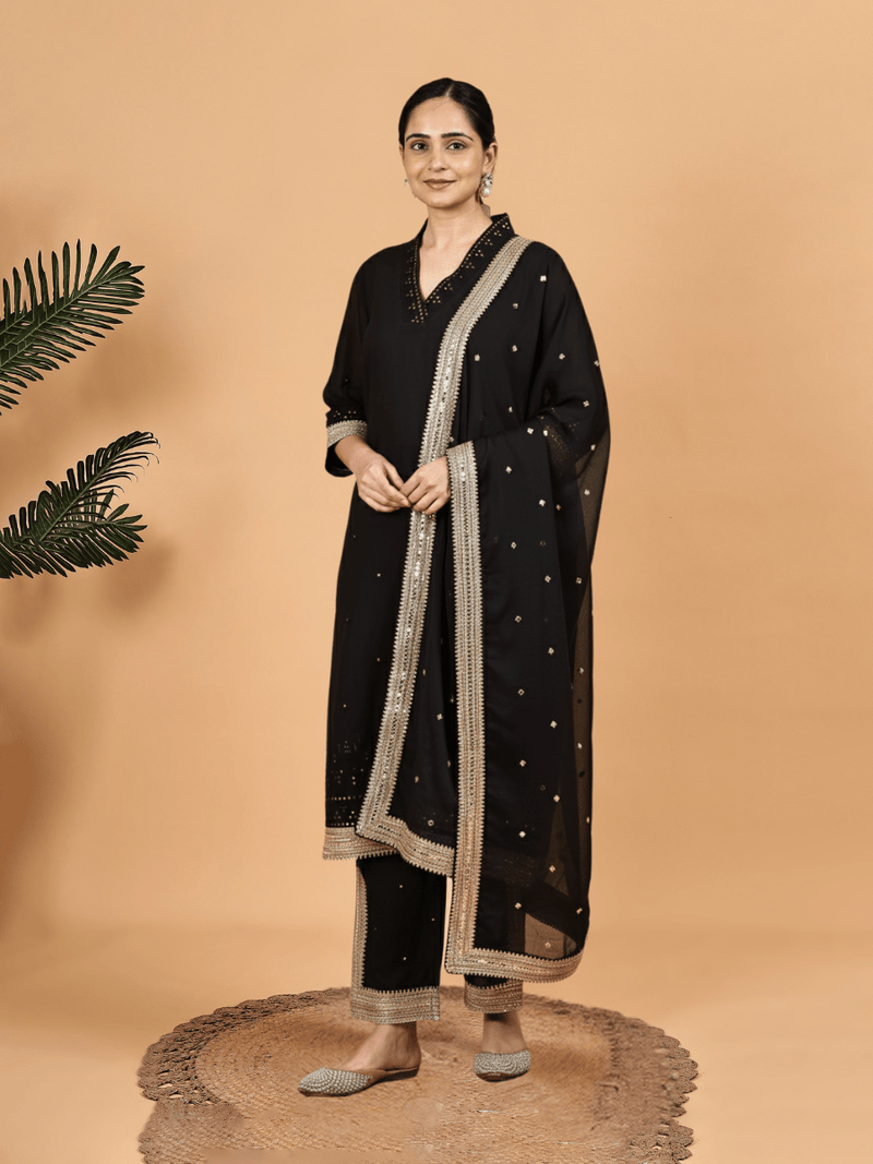 Black Kurta Set with Mirror Work & Golden Lace Dupatta