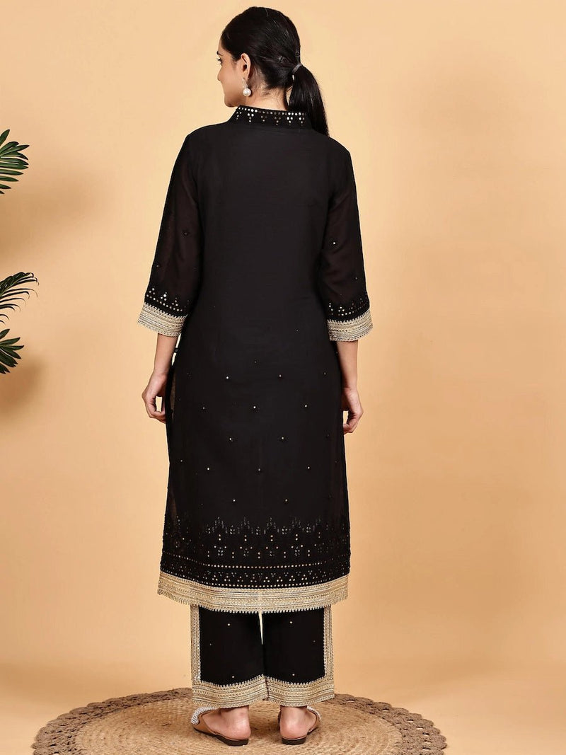 Black Kurta Set with Mirror Work & Golden Lace Dupatta