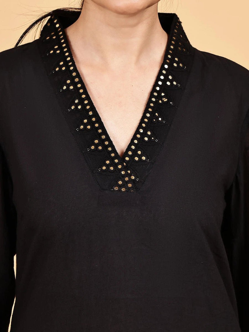 Black Kurta Set with Mirror Work & Golden Lace Dupatta