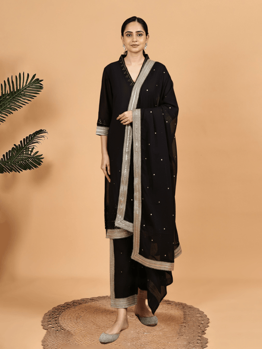 Black Kurta Set with Mirror Work & Golden Lace Dupatta