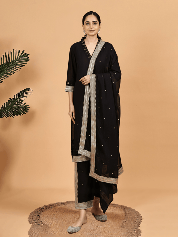 Graceful Black Color Kurta Set with Mirror Work and Rich Golden Lace Dupatta product_color KURTA SET