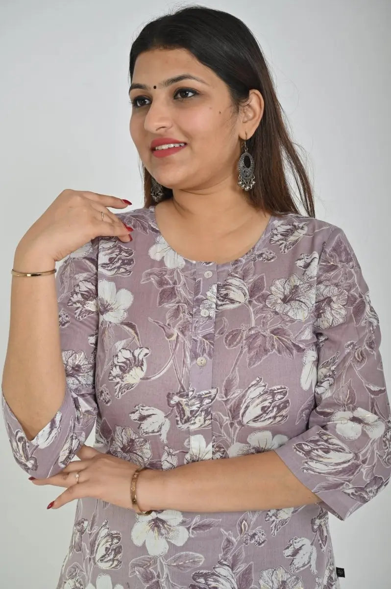 Grey Printed Kurta Set for Women with Pants