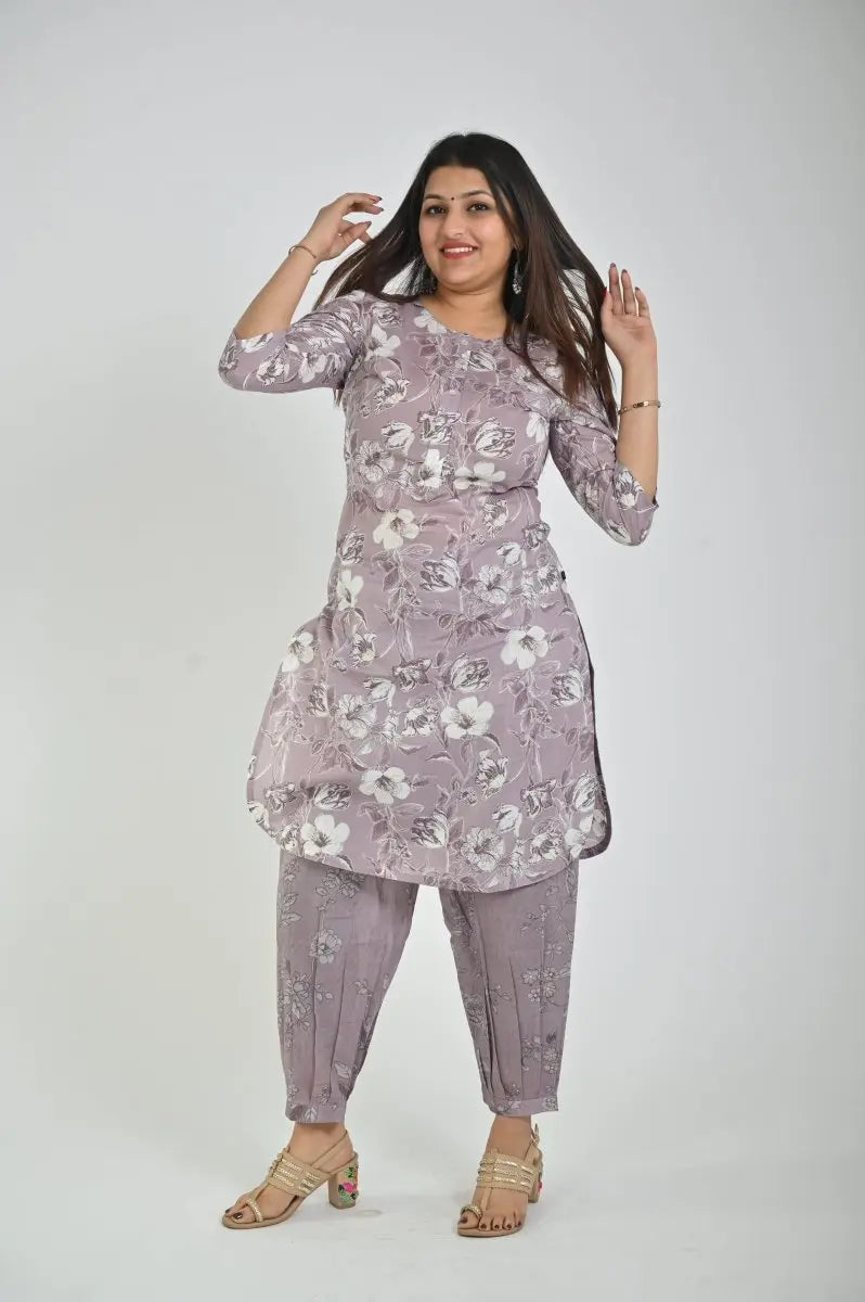 Grey Printed Kurta Set for Women with Pants