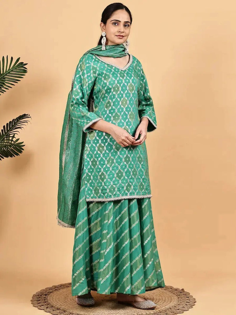 Dark Green Silk Jacquard Kurta Set for Women with V-Neckline & Geometric Pattern