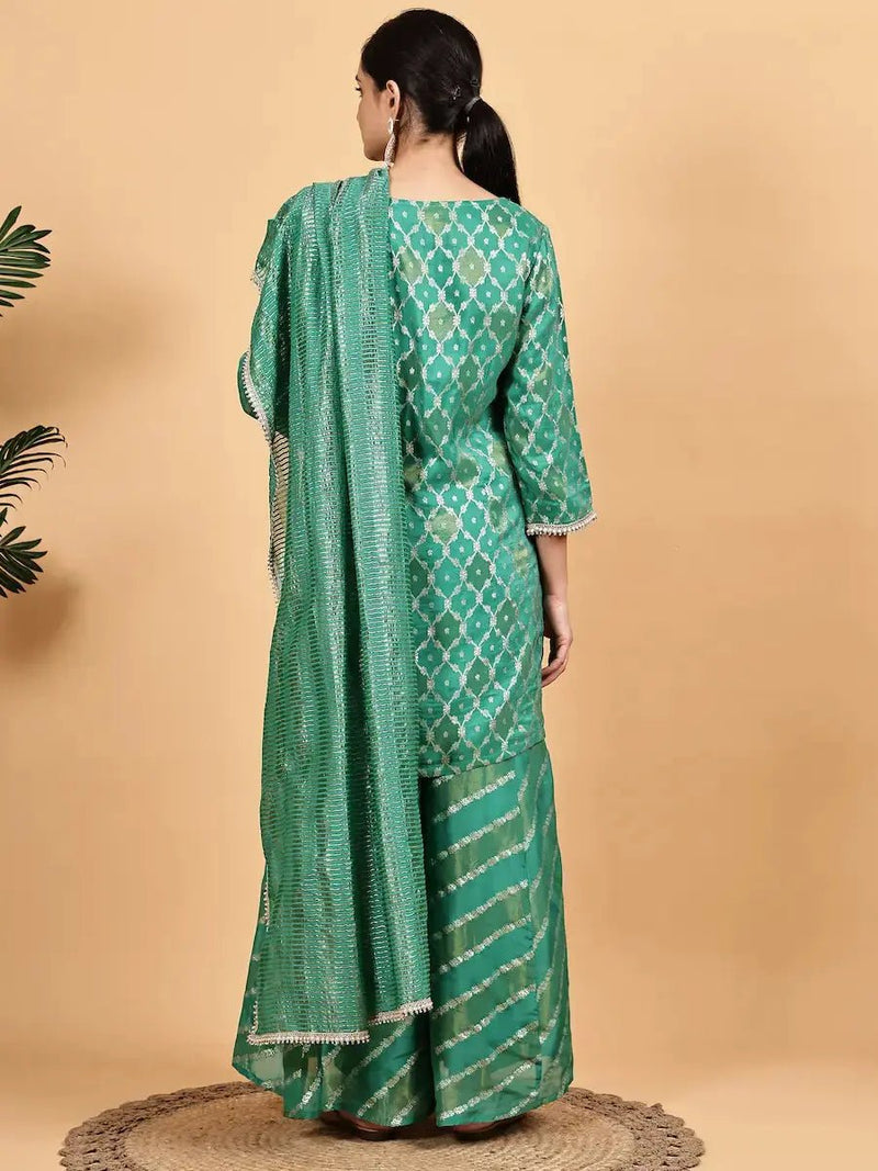Dark Green Silk Jacquard Kurta Set for Women with V-Neckline & Geometric Pattern