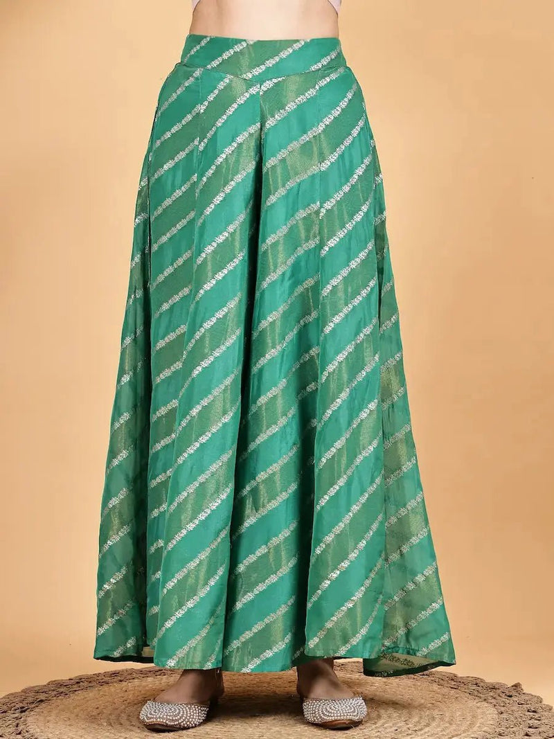 Dark Green Silk Jacquard Kurta Set for Women with V-Neckline & Geometric Pattern