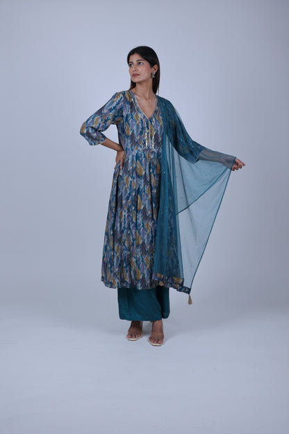 Green Printed A Line Kurta Along With Solid palazzo and Solid Dupatta