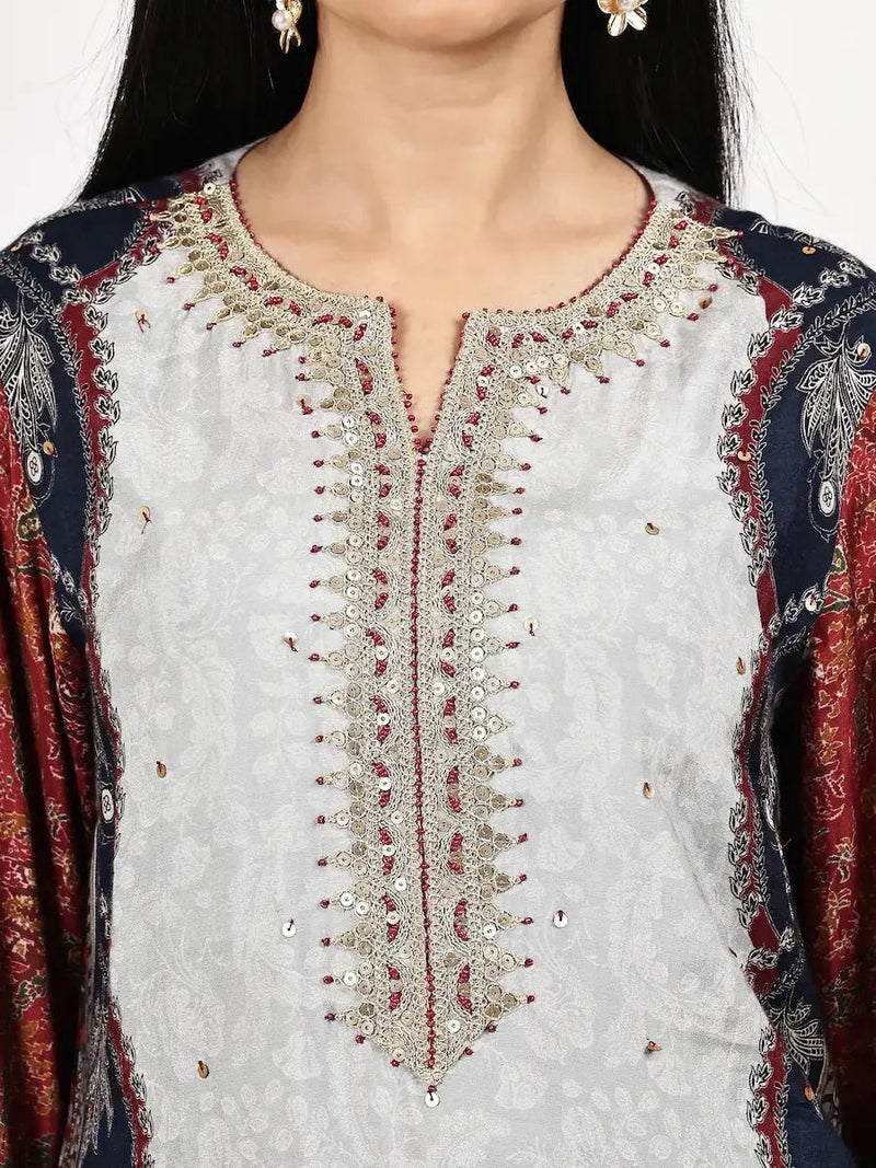 Grey and Maroon Printed Kurta Set with Dupatta