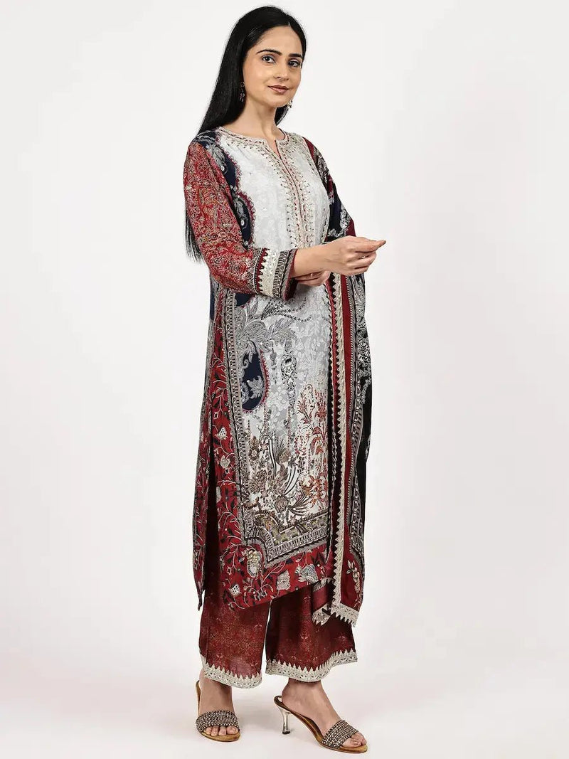 Grey and Maroon Printed Kurta Set with Dupatta