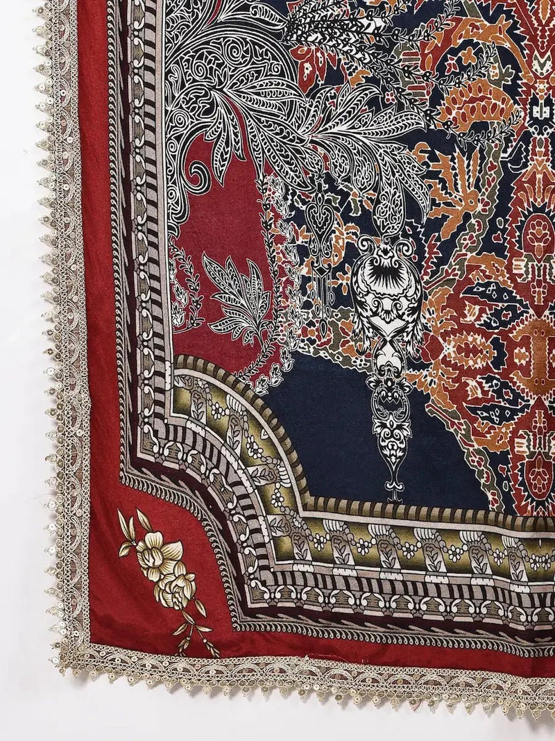 Grey and Maroon Printed Kurta Set with Dupatta