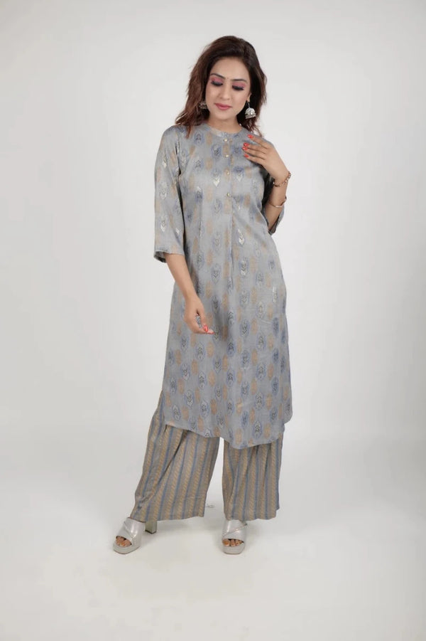 Grey and Metallic Foil Print Kurta with Striped Palazzo Set product_color 2 Pcs Set