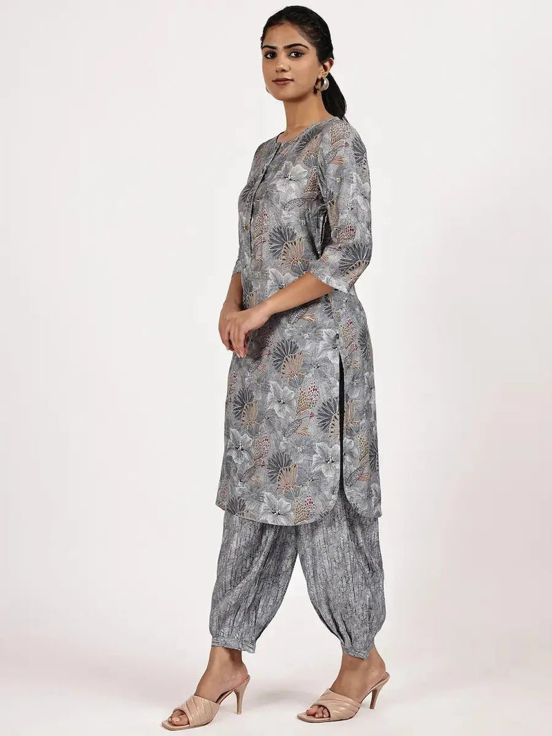 Grey Casual Printed Kurta with afghani salwar