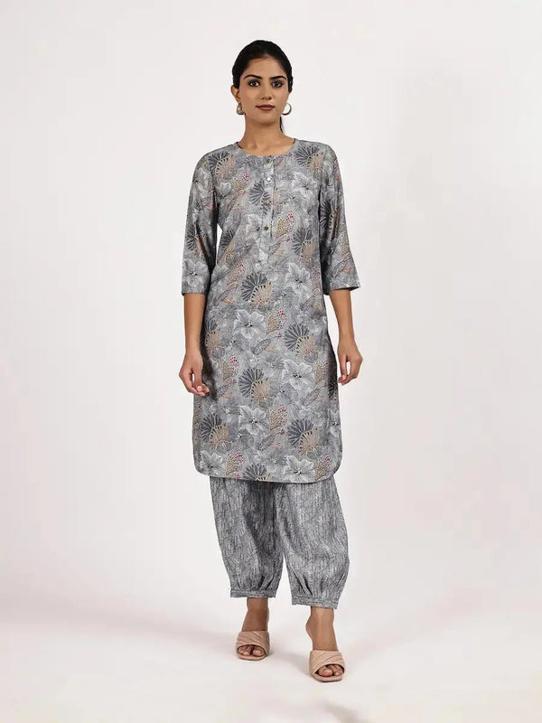 Grey Casual Printed Kurta with afghani salwar product_color 2 Pcs Set