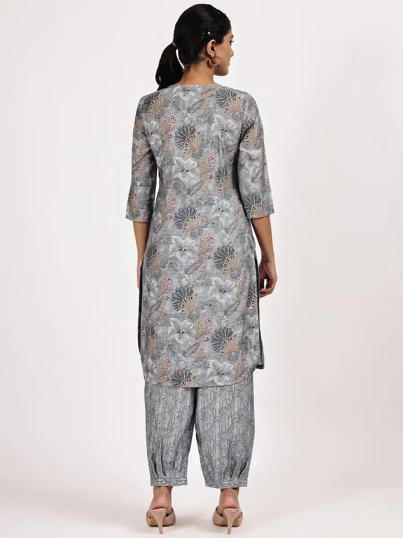 Grey Casual Printed Kurta with afghani salwar