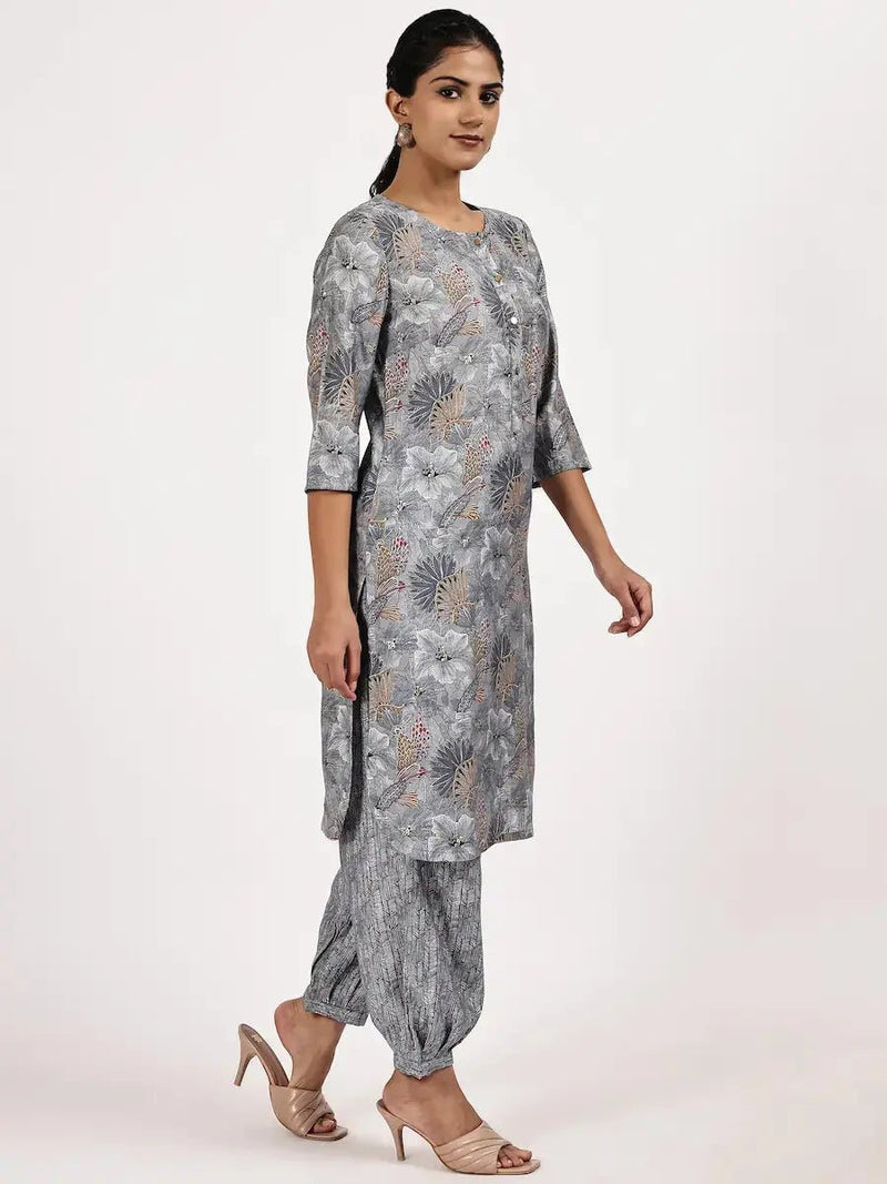 Grey Casual Printed Kurta with afghani salwar