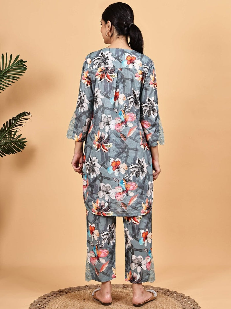 Grey Floral Printed Co-Ord Set – Effortless Travel Style