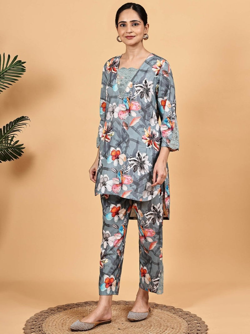 Grey Floral Printed Co - Ord Set – Effortless Travel Style product_color Co - ord set