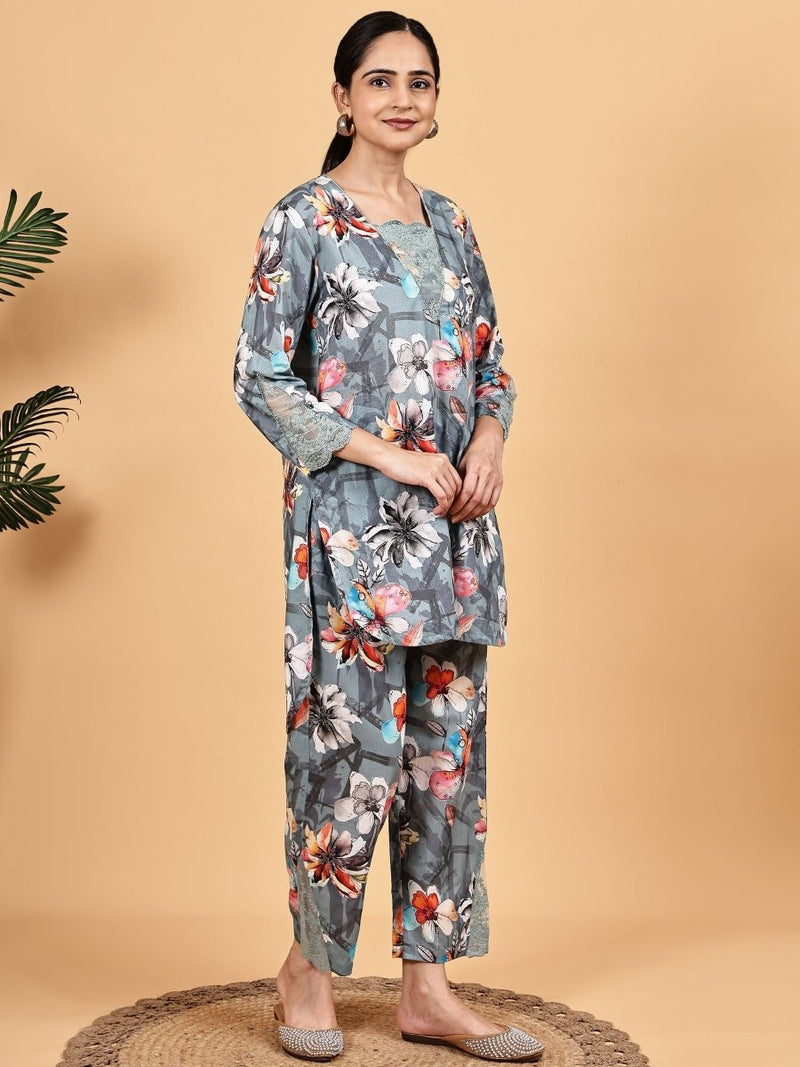 Grey Floral Printed Co-Ord Set – Effortless Travel Style