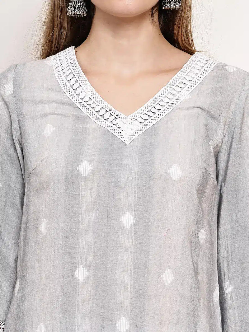 Grey Printed Straight Kurta with Lace Detailing