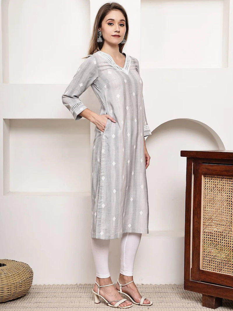 Grey Printed Straight Kurta with Lace Detailing