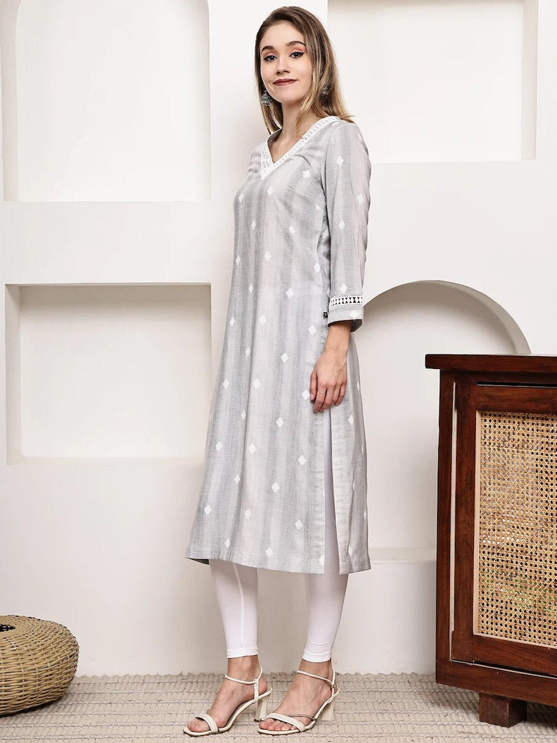 Grey Printed Straight Kurta with Lace Detailing