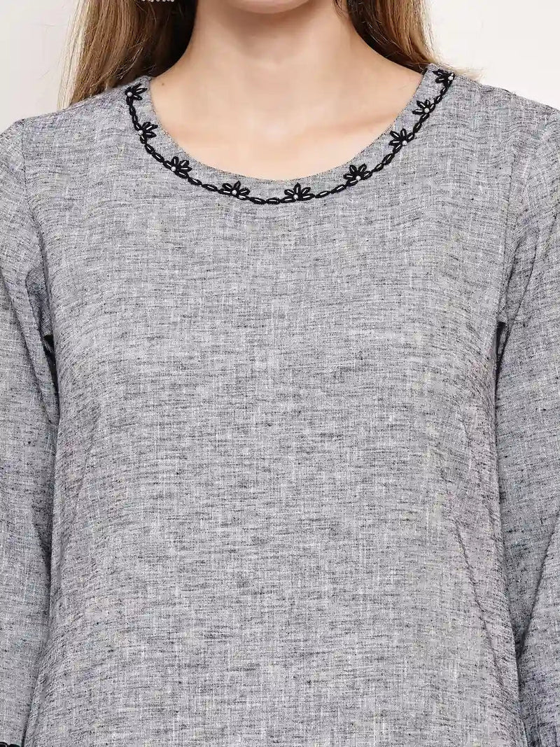 Grey Textured Straight Kurta with Thread Detailing