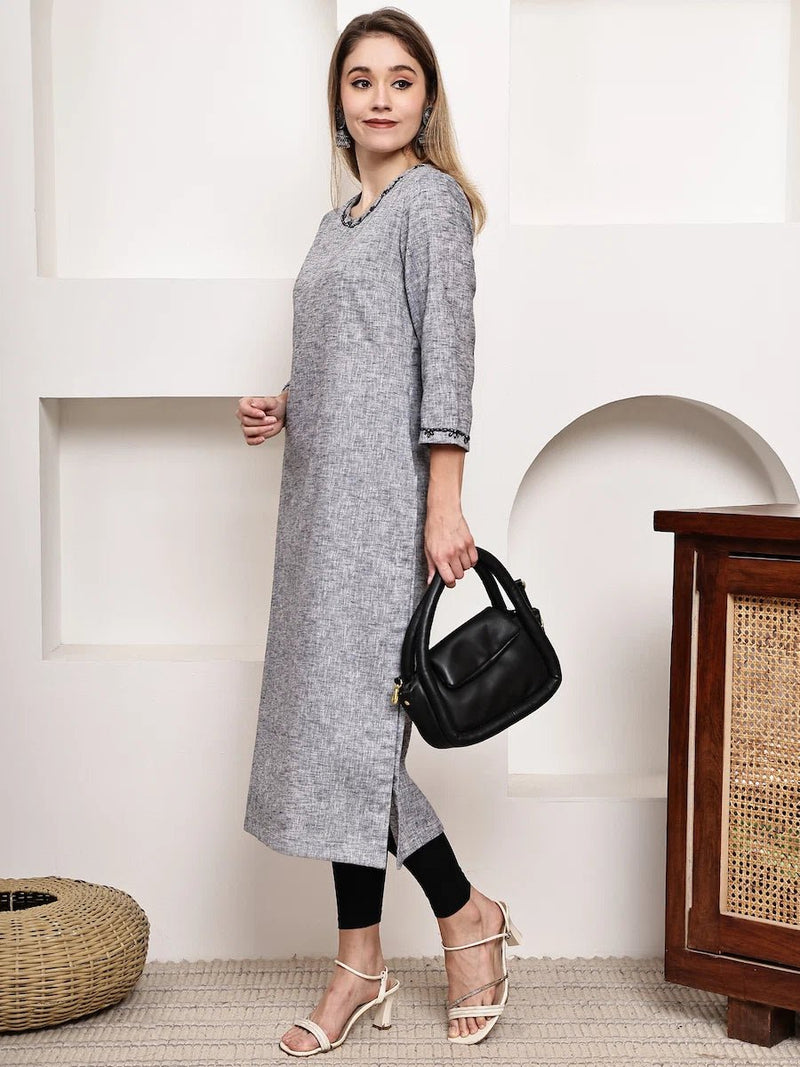 Grey Textured Straight Kurta with Thread Detailing
