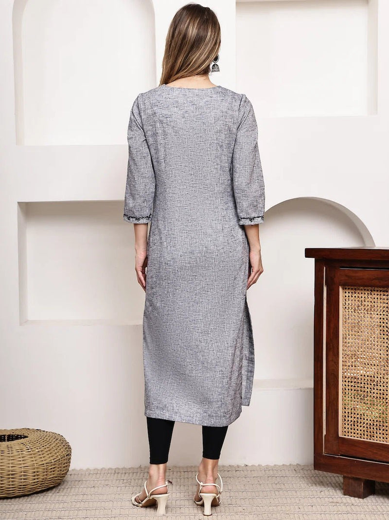 Grey Textured Straight Kurta with Thread Detailing
