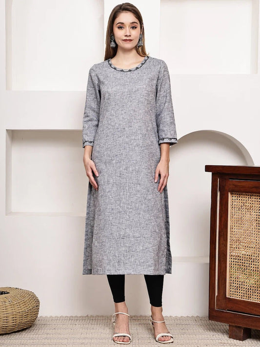 Grey Textured Straight Kurta with Thread Detailing product_color Kurti