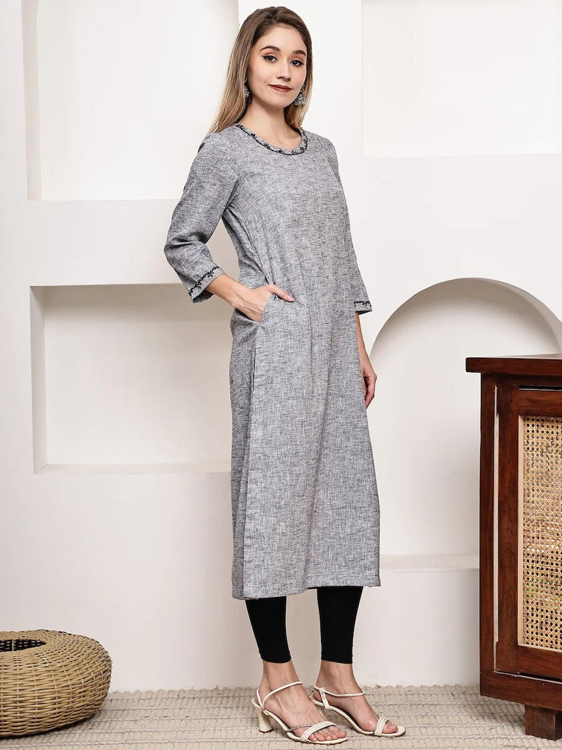 Grey Textured Straight Kurta with Thread Detailing