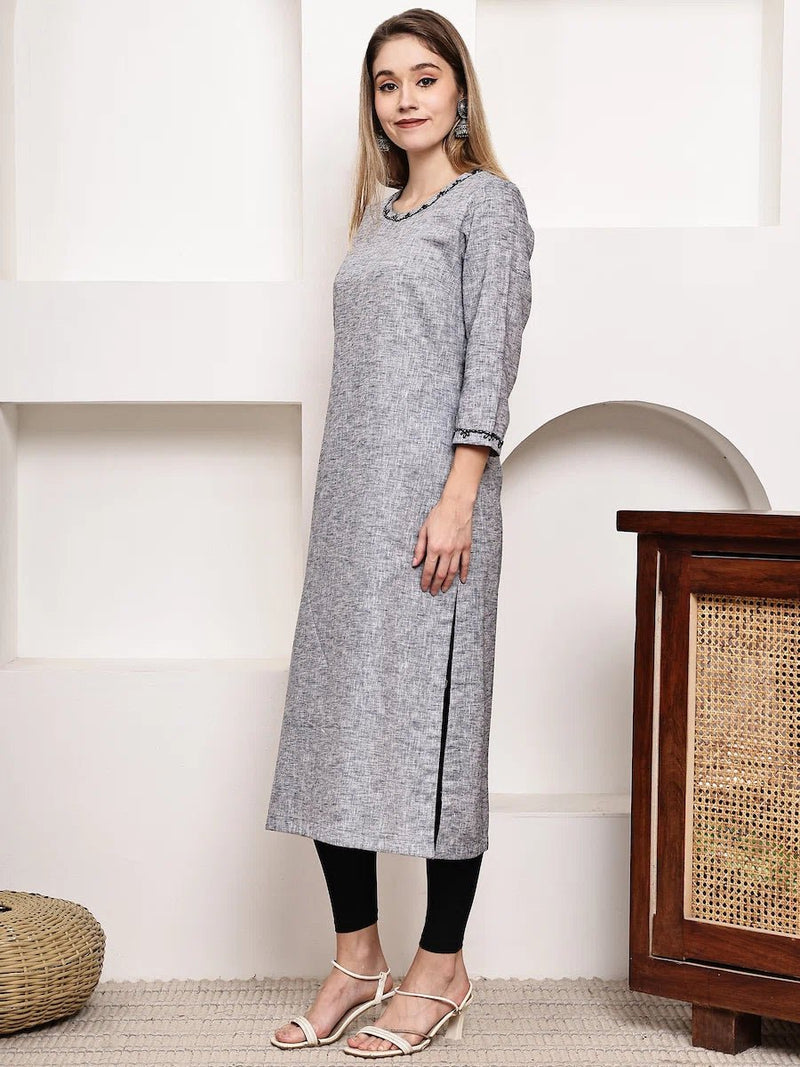 Grey Textured Straight Kurta with Thread Detailing