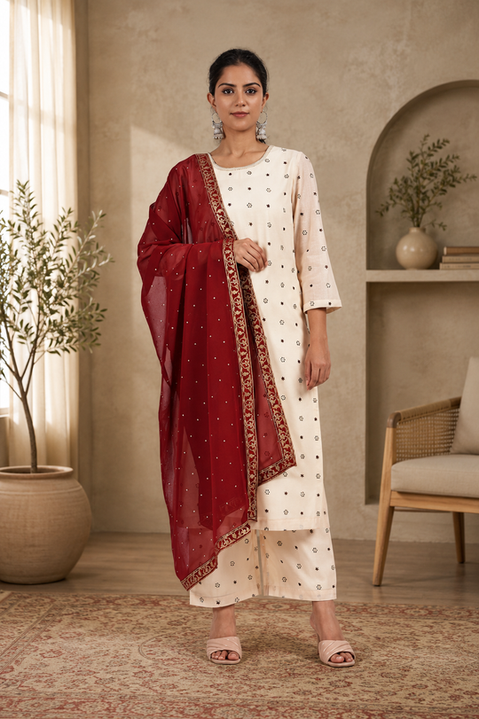Embroided Printed Off-white Kurta Set with Maroon Dupatta