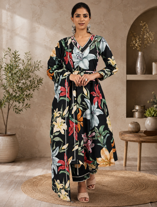 V-Neck Flared Kurta set with Vibrant Floral Print