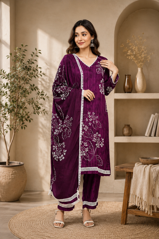 Purple Bandhani Muslin Kurta Set with Lace Work