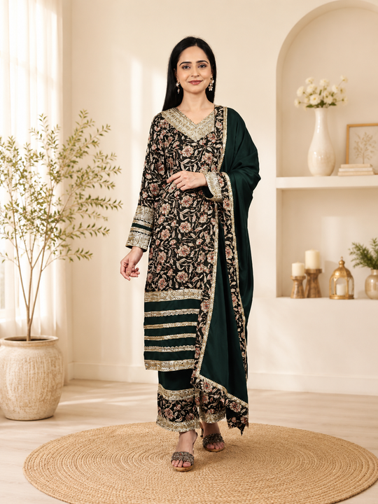 Deep Green Printed Kurta Set with Embellished Borders