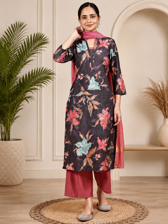 Dark Purple Floral Kurta Set for Women with Rust Palazzo & Dupatta