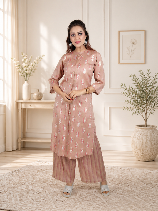 Dusty Rose Gold Foil Print Kurta with Striped Palazzo Set