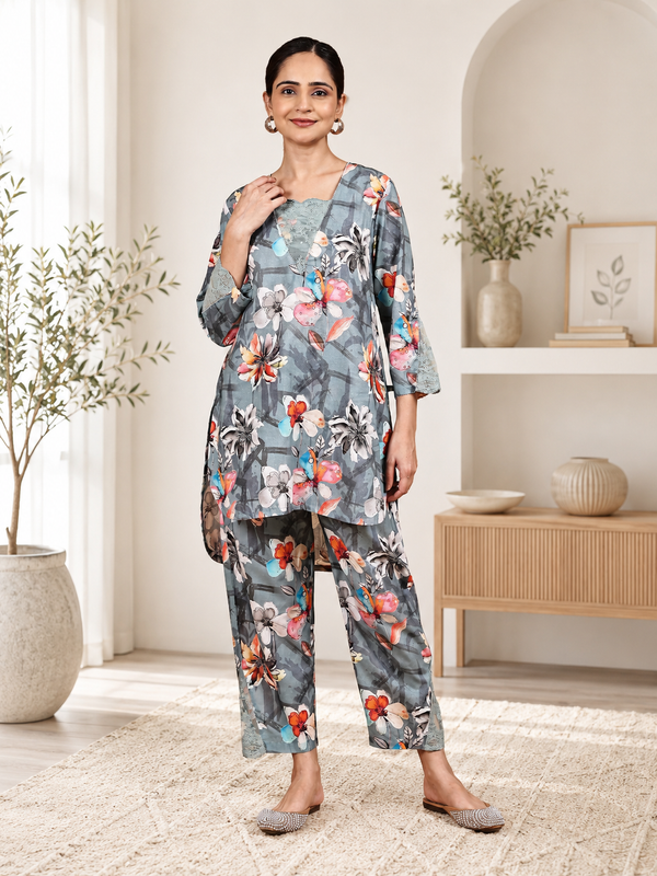 Grey Floral Printed Co-Ord Set – Effortless Travel Style